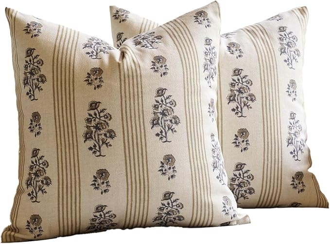 Amor Virisso Floral Throw Pillow Covers 24x24 Set of 2 Block Print Pillow Covers Neutral Floral Striped Farmhouse Decorative Pillow Covers for Sofa Couch Bed, Yellow