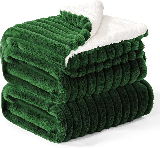 INFIIXSO Sherpa Fleece King Size Blanket - Super Soft & Warm Striped Fleece, Cozy Plush Fluffy Large Bed Blanket All Season Use (Dark Green, 104x90 Inches)