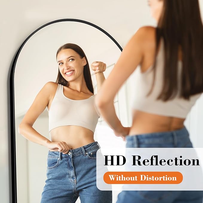 OLIXIS Arched Full Length Mirror 59"x16.3" for Bedroom, Full Body Mirror with Stand, Hanging or Leaning for Wall, Aluminum Alloy Thin Frame Floor Standing for Living Room, Long, Black