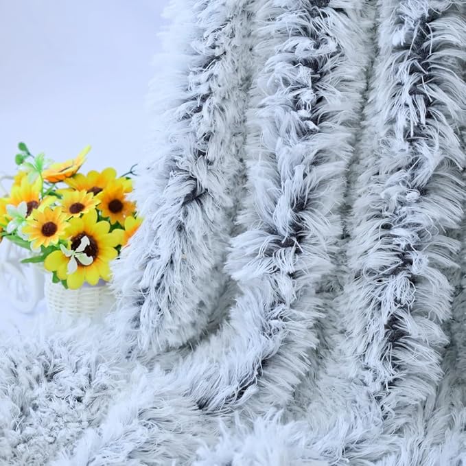 Plush Super Soft Blanket Bedding Sofa Cover Furry Fuzzy Fur Warm Throw Qulit Cozy Couch Blanket for Winter (51"x63",Dark Gray and White)