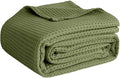 100% Cotton Blankets for Bed - Waffle Weave Blankets for Summer, Lightweight and Breathable Soft Woven Blanket for Spring (Olive Green, Queen (90" x 90"))
