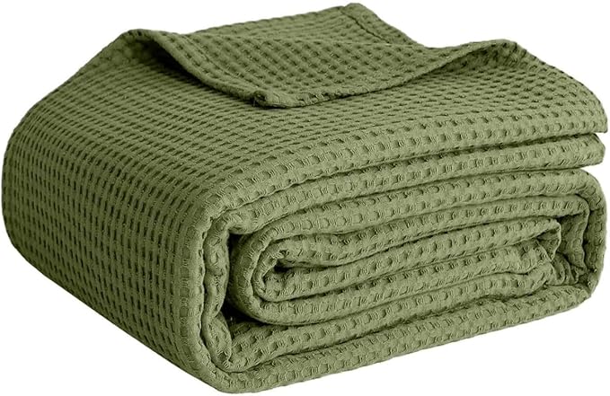 100% Cotton Blankets for Bed - Waffle Weave Blankets for Summer, Lightweight and Breathable Soft Woven Blanket for Spring (Olive Green, Queen (90" x 90"))