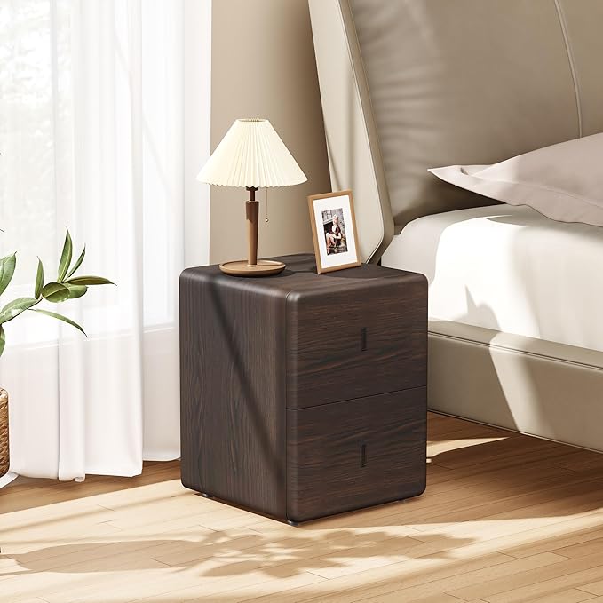 VICITON Narrow Nightstand with Drawers, Faux Leather Bedside Table, Solid Wood Drawer, Small Side Table for Bedroom (Leather Black Walnut, 15.7" x 15.7" x 19.7")