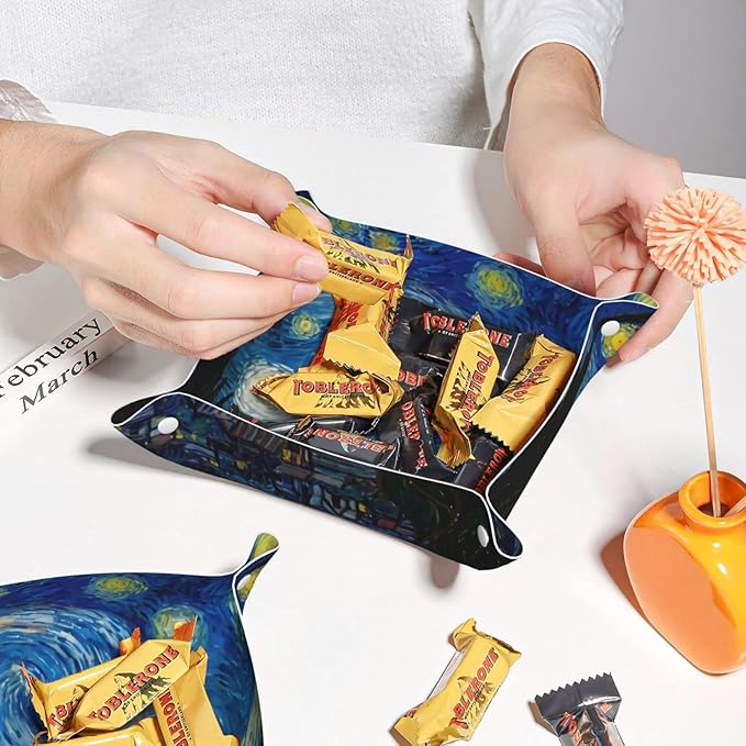 The Starry Night Van Gogh Leather Vanity Tray Desktop Storage Organizer Decor Catchall Perfume Bathroom Valet Tray Nightstand Caddy Holder for Remote Controller Keys Phone Wallet Coin Jewelry, S