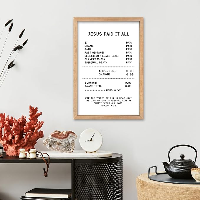 YWMZYKJGS Romans 6:23 Wall Art 16"×11" Jesus Paid It All Wall Decor Scripture Bible Verse Sign Gospel Tracts Religious Salvation Modern Funny Wood Framed Hanging (Wood)