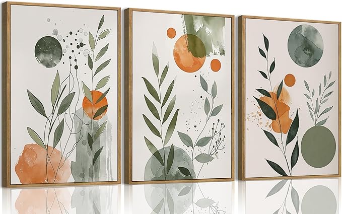 Wodkwq 3 Piece boho Abstract Botanical Canvas Wall Art Framed,Minimalist Watercolor Wall Art,Modern Nordic Wall Decor,Green,Orange,Sage Green,Prints For Living Room,Bedroom,Office 16x24in