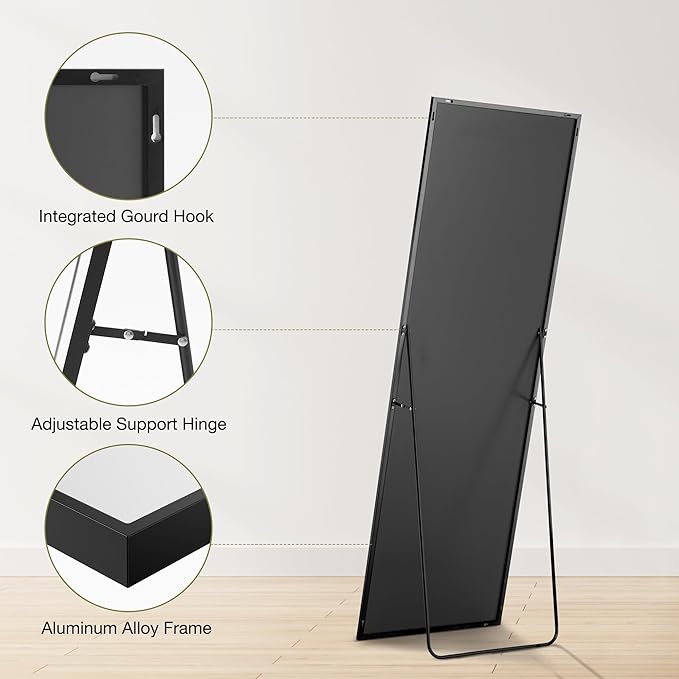 DUMOS Full Length Mirror 65"x21" Full Body Floor Mirror for Bedroom or Cloakroom, Can Stand Alone, Hang or Lean Against Wall, Tall Wall Mirror with Stand and Sleek Aluminum Alloy Thin Frame