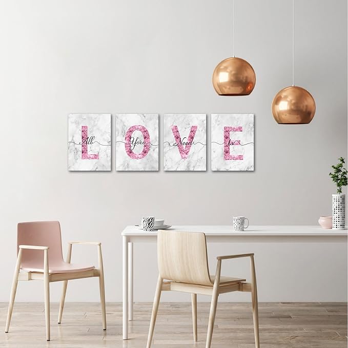 sechars Glam Pink Canvas Wall Art All You Need is Love Sign Decor Fashion Glitter Marble Love Quotes for Girl Women Bedroom Bathroom Valentine's Day Gifts (White)