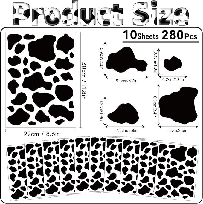 Cow Print Stickers - 10 Sheets 280 Pieces Black Vinyl Adhesive Cow Spot Pattern Print Wall Art Decals for Kitchen Bathroom Bedroom Living Room Home Nursery Classroom Wall Décor