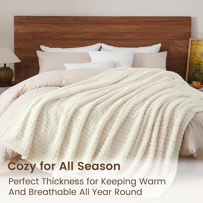 David's Home Ultra Soft Fleece Blanket King Size for Bed, Plush Shaggy Fluffy 3D Jacquard Waffle Throw for Couch, Warm Lightweight for Fall Winter,Fuzzy Aesthetic Room Decor,108x90 inches,Cream