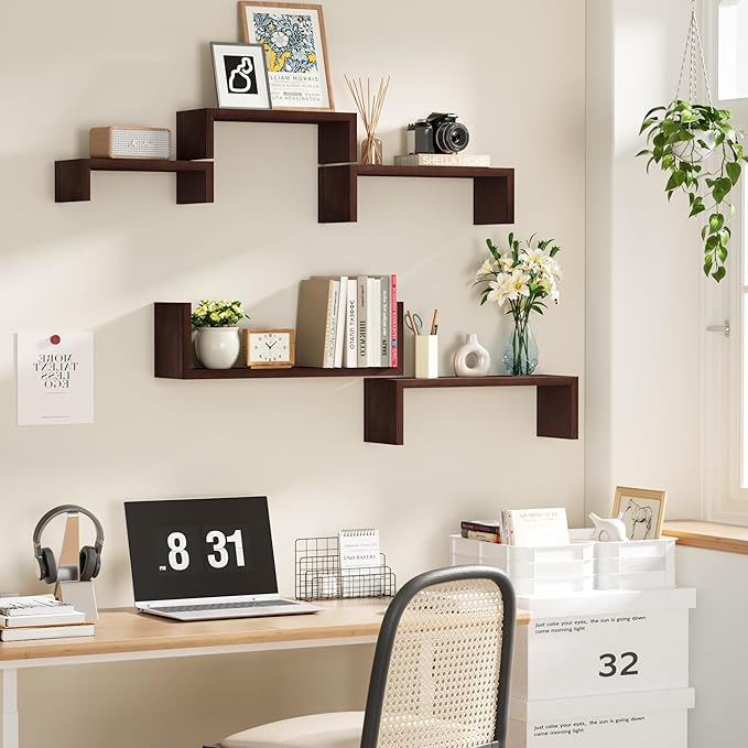 SRIWATANA Floating Shelves for Wall, Wall Shelves for Bathroom, Bedroom, Living Room, Kitchen, Office, Wood Shelves for Home Decor Set of 5 (Dark Walnut)