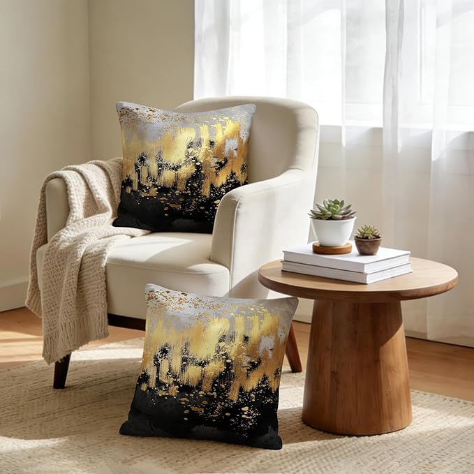 Black and Gold Abstract Throw Pillow Covers 18x18 Set of 2, Modern Luxury Gradient Art Decorative Gold Pillow Cases, Boho Cushion Covers for Sofa Living Room Couch Bedroom, Spring Easter Home Decor