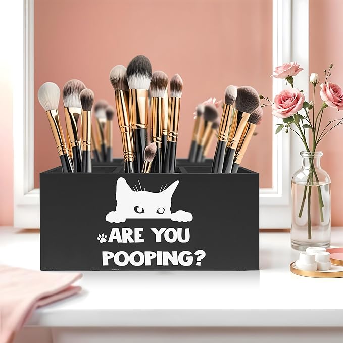 Funny Cat Toothbrush Holders for Bathroom Washroom, Cat Bathroom Decor, Gifts for Cats Lovers Mom, Are You Pooping Humorous Makeup Brush Holder Organizer for Vanity