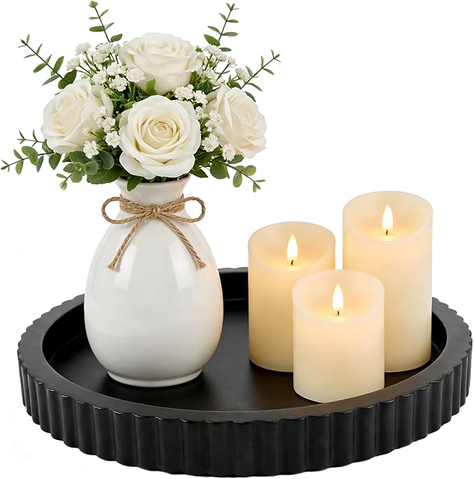 Modern Decorative Tray for Coffee Table, 11" Wooden Black Round Small Decor Tray for Candle, Perfume, Vanity, Kitchen Island Counter & Table Centerpiece
