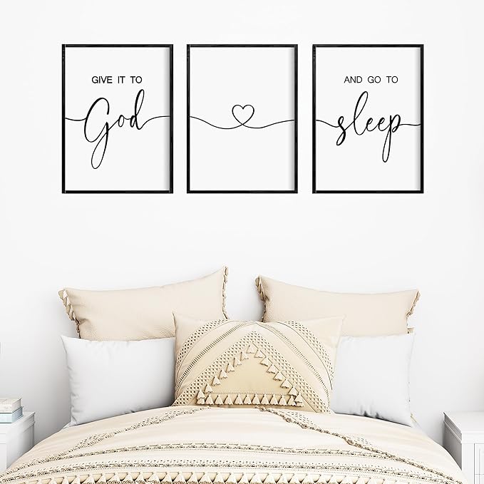 Heiple Give It to God and Go to Sleep Sign Set of 3 Above Bed Wall Decor Farmhouse Bedroom Decor Wood Framed Art Rustic Master Bedroom Essentials Home Decoration (Black, 11”x14”)