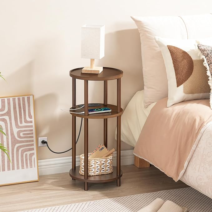 HOOBRO Small Round Side Table with Charging Station, 3-Tier Round Bamboo End Table, Compact Sofa Bedside Table for Small Space, Easy Assembly, for Living Room, Bedroom, Apartment, Mocha MA152UBZ01