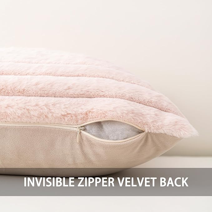 Aegero Pack of 2 Faux Fur Fall Throw Pillow Covers 16x16 Inch, Soft Plush Striped Neutral Couch Pillow Cover, with Velvet Back Modern Home Decor for Sofa Living Room Couch Bed Light Pink