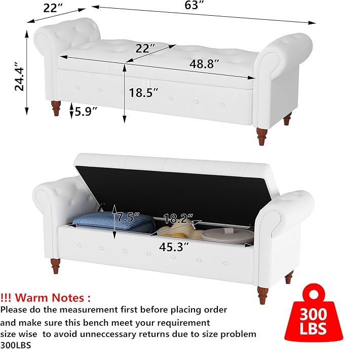 Aoowow Rolled Arm Storage Benches for Bedroom End of Bed Ottoman Bench 63" Long Bench with Storage and Seating for Living Room,Entryway,Window,Button Tufted with Solid Wood Legs (Linen Off White)