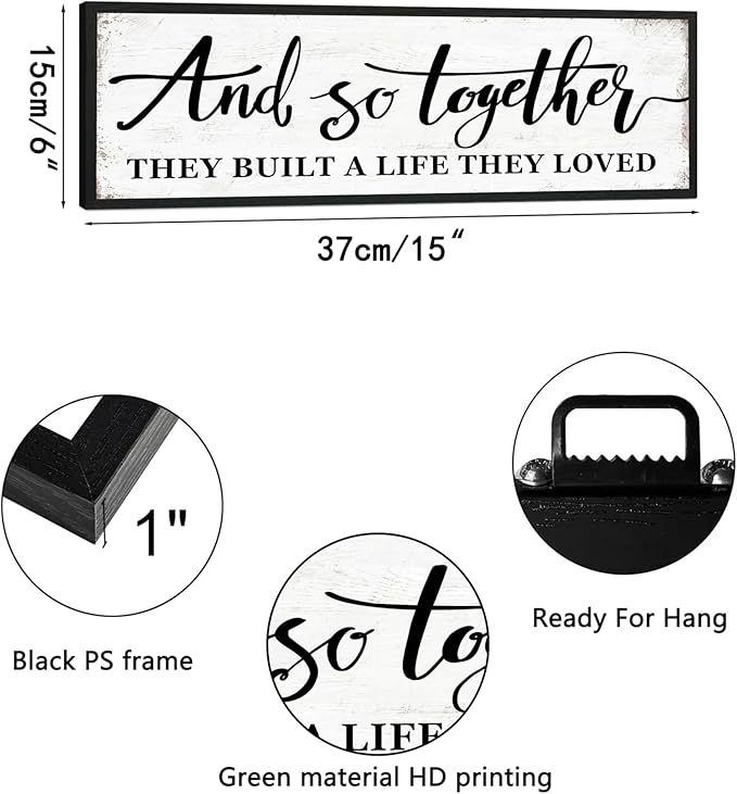 And So Together They Built A Life They Loved Sign Above Bed Wall Decor:Love Quotes Wall Art Black Frame Rustic Farmhouse Bedroom Signs for Couples Modern Master Bedroom Decor 6" X 15"