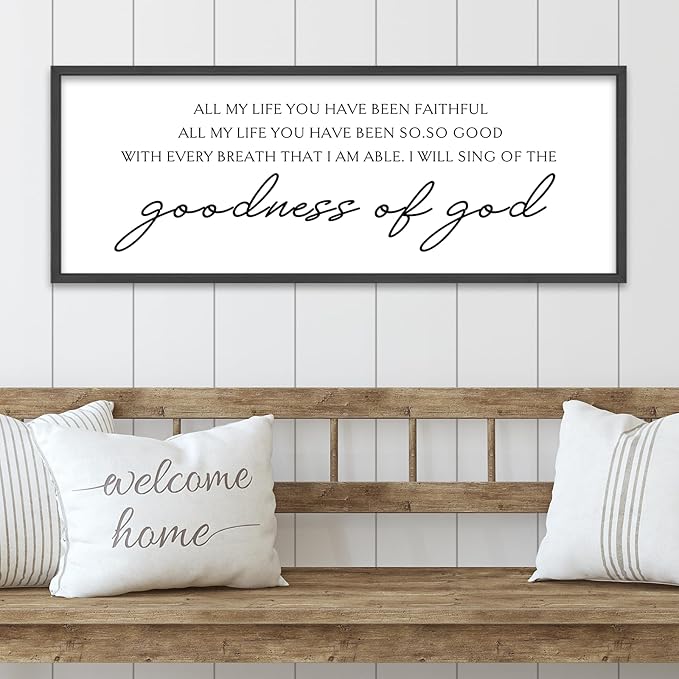YWMZYKJGS Goodness of God Wall Decor 32"×12" Bible Verse Sign Christian Catholic Scripture Jesus Christ Prayer Large Home Office Wood Framed Wall Hanging Art (Black)