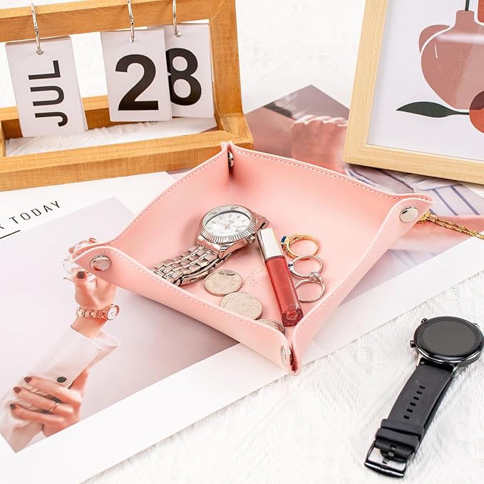 SANQIANWAN PU Leather Arc Edge Jewelry Valet Tray for Man and Women, Portable Mini Entryway Table Tray Bedside Nightstand Desk Tray Small Travel Dish Plate for Key,Wallet,Watch,Coin (Pink)
