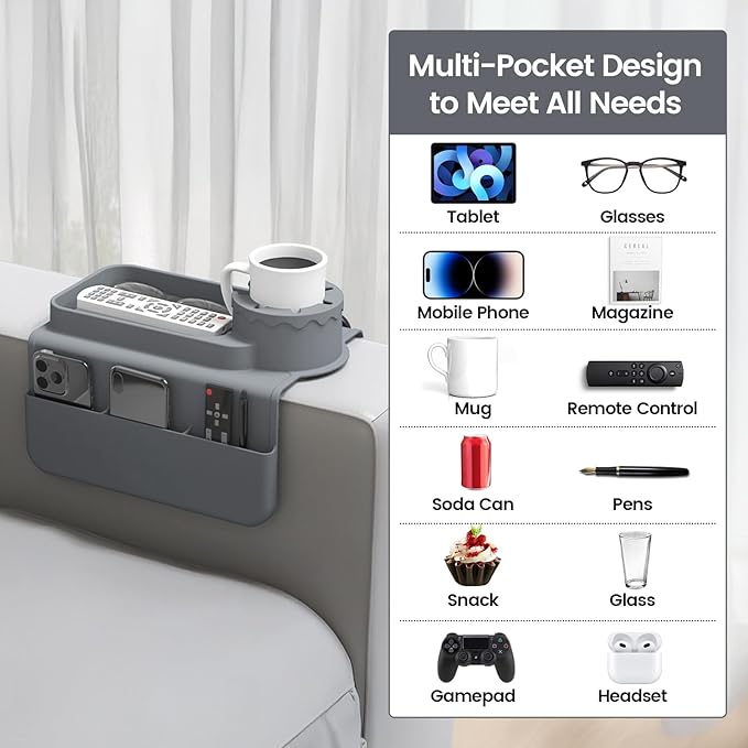 Couch Cup Holder Tray, Silicone Sofa Armrest organizer with Assesory Side Pockets for storage Remotes, Cell-phone,Tablet or Snack, Anti-Spill and Anti-Slip Couch Drink Holder Caddy(Gray)