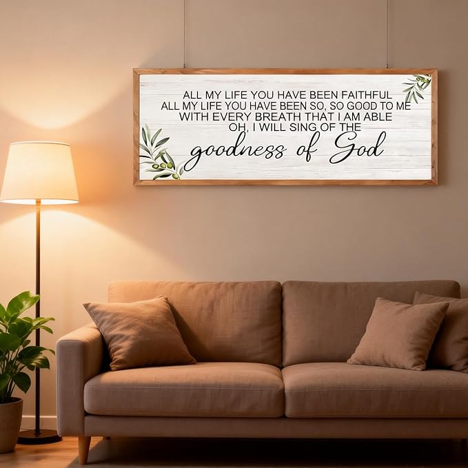 Goodness of God Christian Wall Decor: 40x15 Inch Large Framed Christian Inspirational Wall Art, Religious Scripture Quote Wooden Sign, Black Frame Christian Home Decor for Living Room Bedroom, Natural