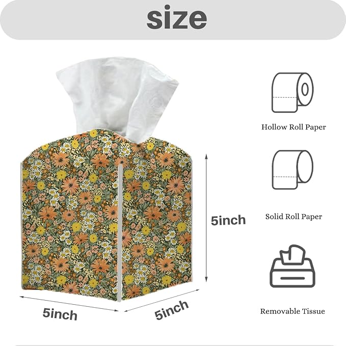 Tissue Box Cover, Tissue Box Holder, Square with Belt Bottom, PU Leather Decorative Organizer for Desk, Tabletop, Countertop Bathroom, Toilet Car, Office, Dresser Bedside, Aesthetic Wildflowers Decor