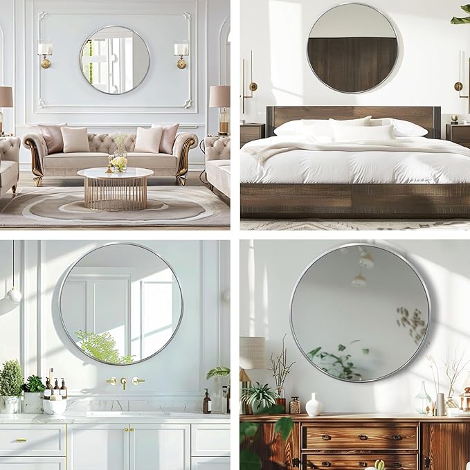 Silver Round Mirror, 24 Inch Silver Circle Mirror, Metal Frame Round Wall Mounted Mirrors for Bathroom, Living Room, Bedroom, Entryway, Vanity, Chrome, Nickel