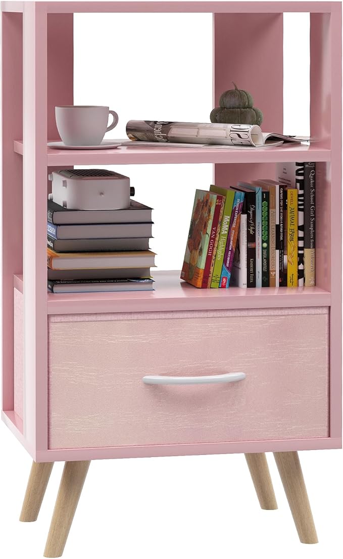 Night Stand, Pink Nightstand with Drawer, Side Table with Open Storage, 3-Tier Modern End Table, Bedside Table for Small Space, Living Room, Bedroom