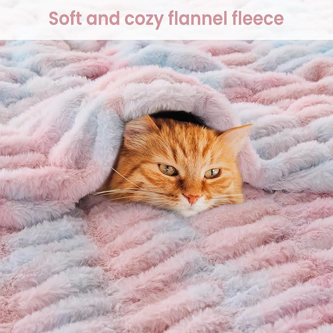 Softan Extra Soft Faux Fur Blanket, Warm Striped Faux Fur Throw Blanket with Flannel Fleece Reverse for Couch Sofa Bed Living Room, Pink Blue- 50"x 60"
