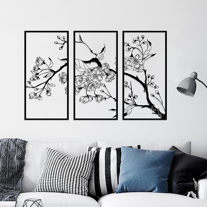 ruelen 3 Pieces Metal Flowers Wall Decor, Modern Abstract Minimalist Floral Line Sculpture Decor Hanging Wall Art for Kitchen Bedroom Living Room Above Bed Bathroom Office (Black)