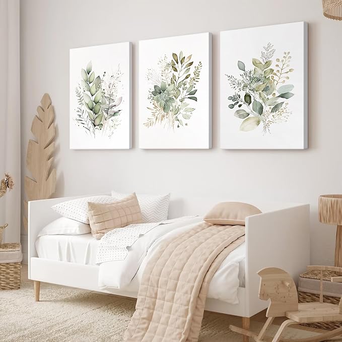 Watercolor Botanical Wall Art Set of 3 Boho Floral Canvas Wall Decor Prints Sage Green Wildflower Wall Art Modern Flower Pictures Botanical Painting for Bedroom Bathroom 12x16 Inch Wrapped Canvas