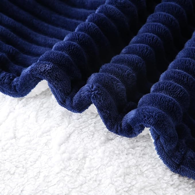 Navy Blue Sherpa Fleece Throw Blanket 50”×60” for Couch Sofa Bed,Double Side Soft Fuzzy Cozy Plush Thick Flannel Blanket with Striped Design Gift for Adults,Woman,Girls