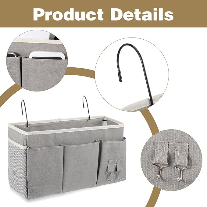 2 Pcs Bedside Caddy, Hanging Storage Organizer with Pockets for Bunk Beds, College Dorm, Bed Rails, Holds Books, Phones, Glasses, Keys, Gray