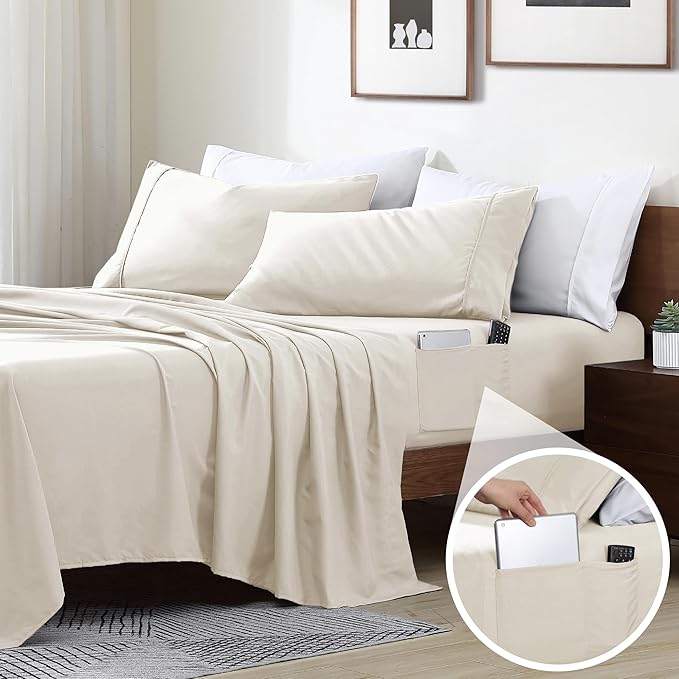 Swift Home Smart Sheets, Ultra Soft Brushed Microfiber 4-Piece Sheet Set, Fitted Bed Sheet with Side Storage Pockets – Coconut Milk, Full