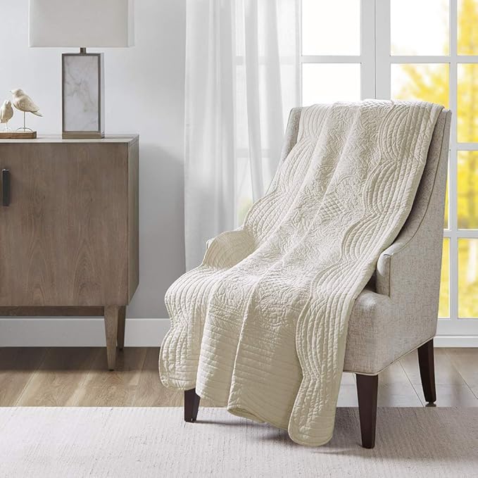Madison Park Luxe Quilted Throw Blanket - Damask Stitching Design, Cotton Filled Spread, Ultra Soft, Cozy Bedding for Living Room Couch, Sofa, Bed, 60x72", Scalloped Borders Cream