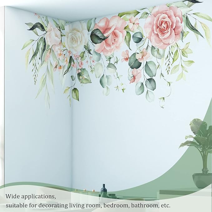 Flowers Leaves Wall Decals Peel and Stick, Large Hanging Floral Vinyl Wall Stickers, Removable Vine Home Decor Art for Bedroom Living Room Classroom Office