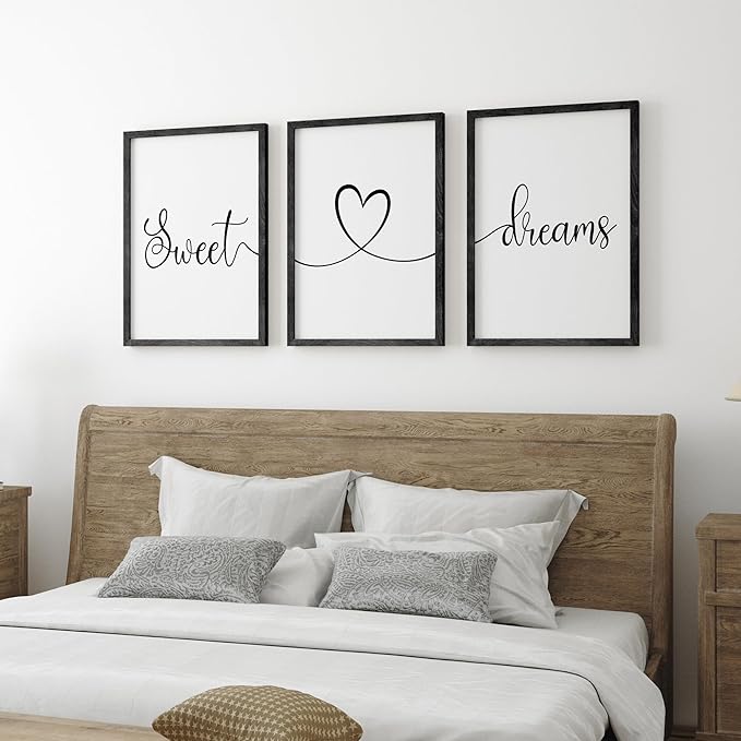 Ronasip Sweet Dreams Wall Decor for Bedroom Set of 3 Framed Wall Art for Farmhouse Rustic Home Master Bedroom Decor (11”x14”, Black)