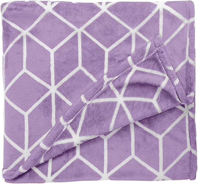 Elegant Comfort Luxury Velvety Feel Blanket, All-Season Lightweight Blanket, Ultra Plush, Soft, Cozy-Fuzzy Flannel Fleece for Couch, Sofa, Bed, Travel, Cube Design, Full/Queen, Lilac