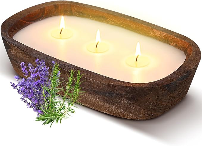 Threlaco 1 Pack 10 Inch Wood Dough Bowl Candles Home Rustic Dough Bowl Soy Candle 3 Wick Scented Candles Gifts for Men Women Farmhouse Table Centerpiece Home Decor for Christmas(Lavender)