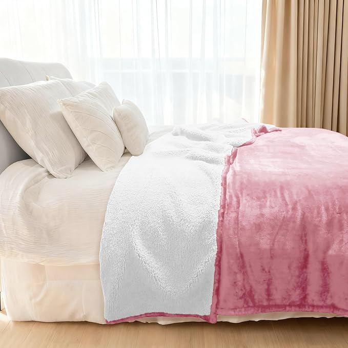 Genteele Sherpa Throw Blanket Super Soft Reversible Ultra Luxurious Plush Blanket, 102 x 90 inches, Pink/White