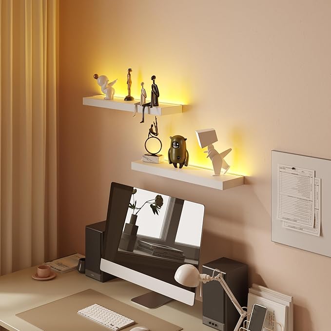 BAMEOS Floating Shelves with LED for Wall Decor, Sturdy Shelves with Warm Light, Wall Mounted Display Shelves, Set of 2, Hanging Shelf for Bathroom, Bedroom, Kitchen, Living Room Storage, White