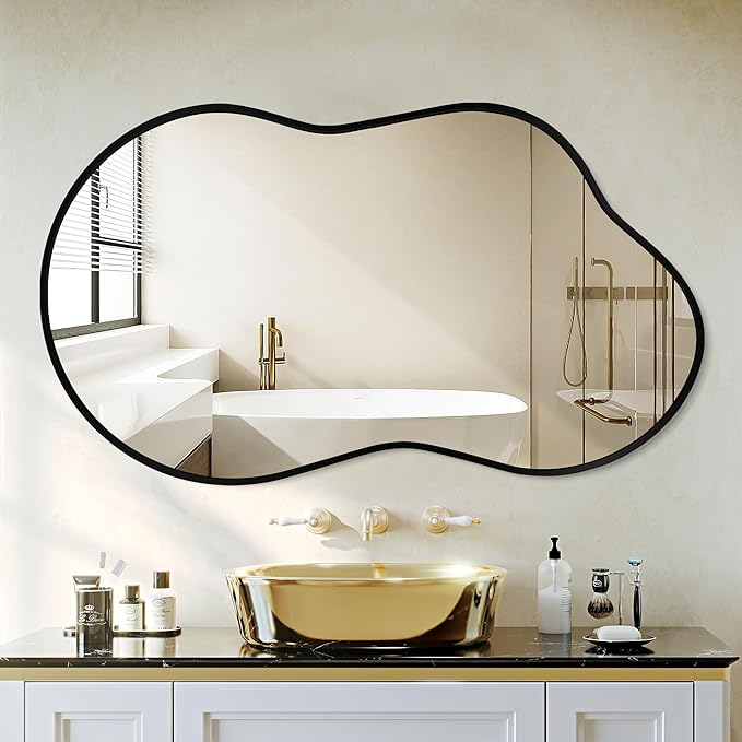 Irregular Wall Mirror - Wall Mirrors Decorative 24"x36" Black Asymmetrical Mirror Tempered Glass Aviation Aluminum Alloy Frame for Bathroom, Bedroom, Living Room, Cloakroom, Entryway