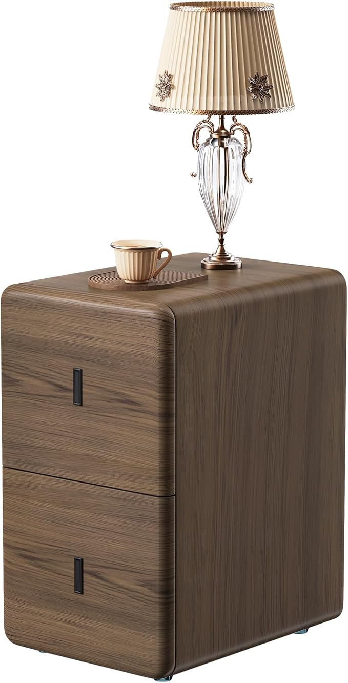VICITON Narrow Nightstand with Drawers, Faux Leather Bedside Table, Solid Wood Drawer, Small Side Table for Bedroom (Leather Grey Poplar, 11.8" x 15.7" x 19.7")