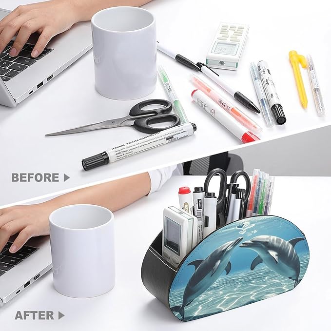 Dolphins in Love Remote Control Holder Organizer Box with 5 Compartment PU Leather Bedside Storage Caddy Remote Organizer for Controller Media Player Pen/Pencil Storage