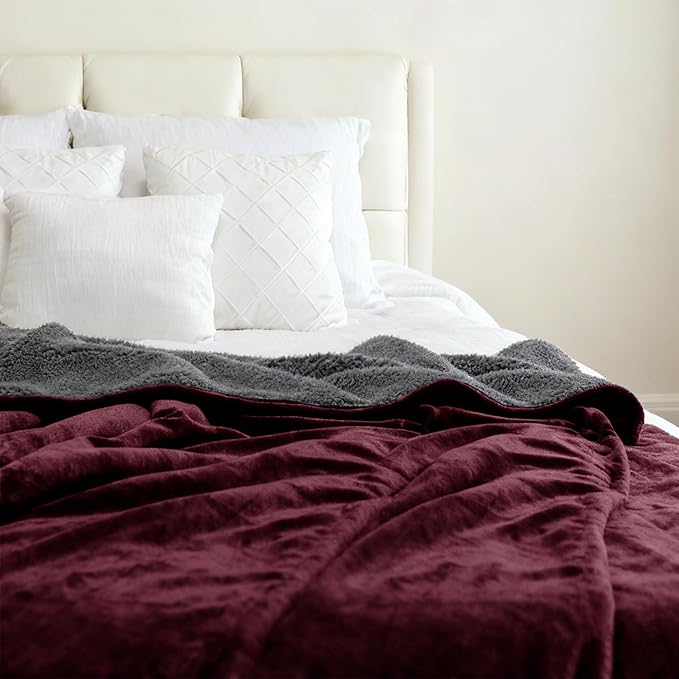 Genteele Sherpa Throw Blanket Super Soft Reversible Ultra Luxurious Plush Blanket, 60 x 80 inches, Rich Burgundy Red/Gray