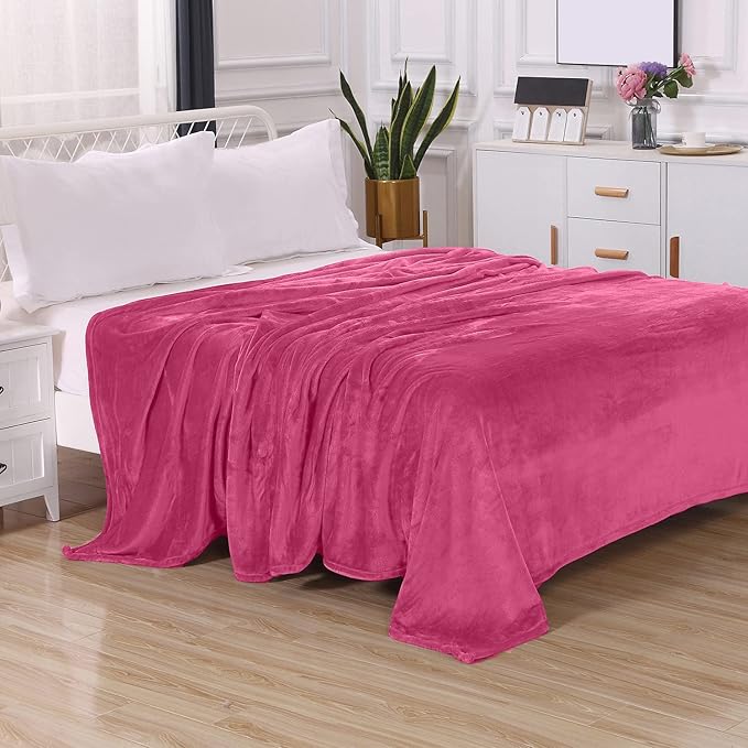 Elegant Comfort Luxury Velvety Feel Blanket, All-Season Lightweight Blanket, Ultra Plush, Soft, Cozy-Fuzzy Flannel Fleece for Couch, Sofa, Bed, Travel, Solid Design, Full/Queen, Hot Pink