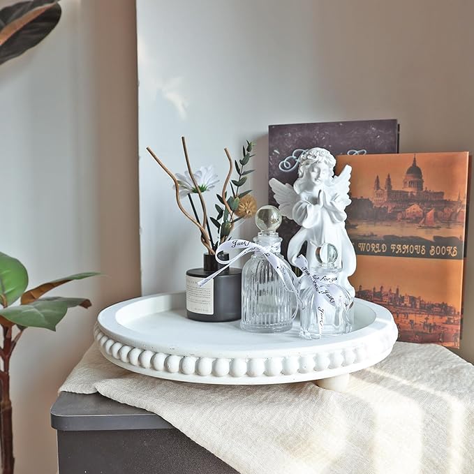 Decorative Tray for Coffee Table, Round Wooden Tray for Decor -White Beaded Distressed Rustic Farmhouse- Table Centerpieces for Dining Room Entryway Kitchen Counter Living Room