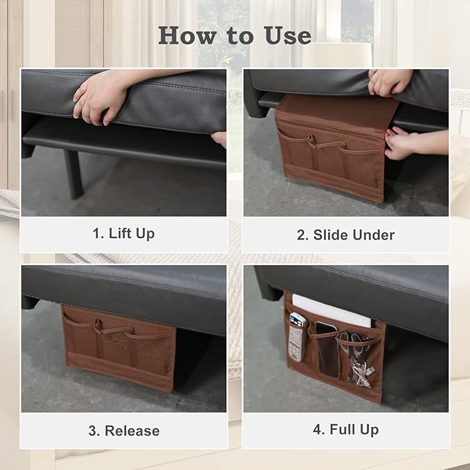 Surblue Bedside Caddy 4 Pockets Bedside Storage Organizer for TV Remote Control Phone Glasses Magazine (Coffee)